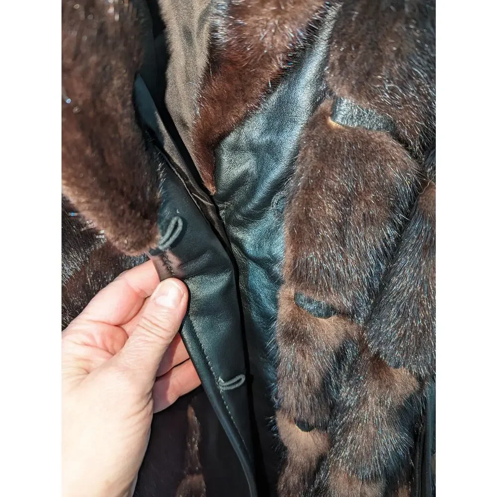 Vintage 70's Dayton's Black Leather Coat with Fur Accents Tie Waist Black Brown - Picture 7 of 14